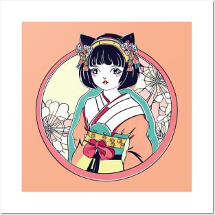 Japanese neko cat girl Posters and Art
